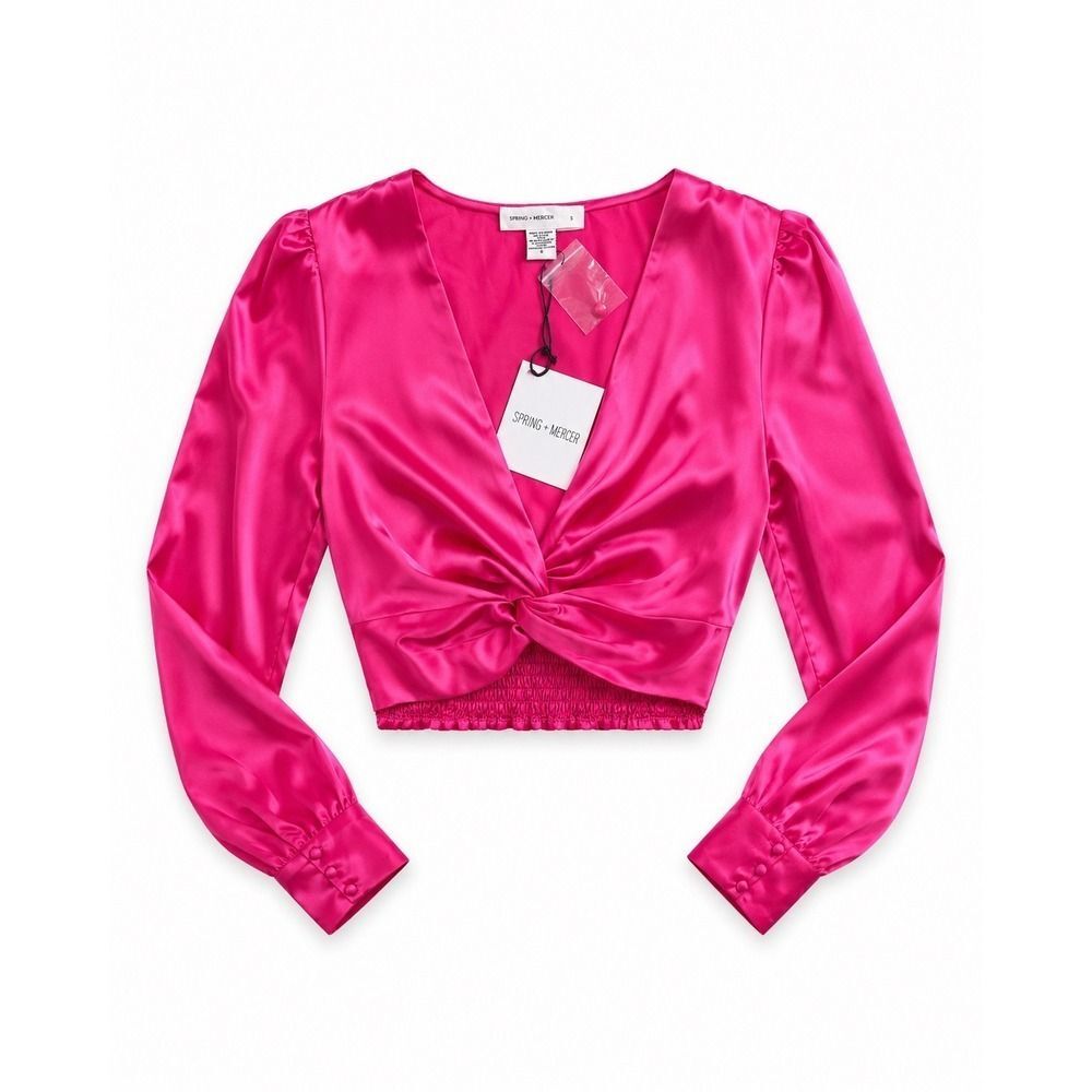 Spring + Mercer Pink Satin Twist Front Crop Top Long Sleeve V-Neck Blouse New XS